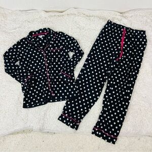 DKNY Women's fleece Black Pajama Set with White Polka Dots size small